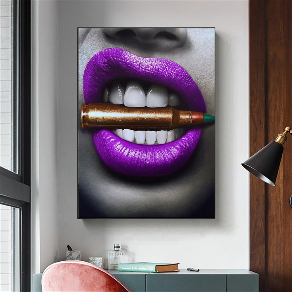 

Bullet In The Red Purple Lip Beauty American Oil Painting Bar Restaurant Background Wall Decoration Canvas Painting Art Decor