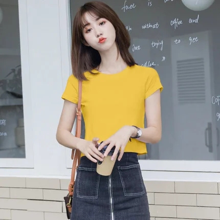 

Han short sleeves long women's T-shirts will see new black thin umbilical style Korean version of pure short top trend color