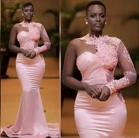 high neck one long sleeves lace appliques african sexy bridesmaid dresses long pink satin wedding guest dresses
