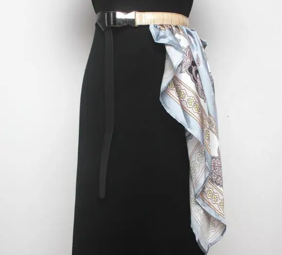 Новейшая Женская мода PU кожаный ремень с атласный Шелковый платок украшение