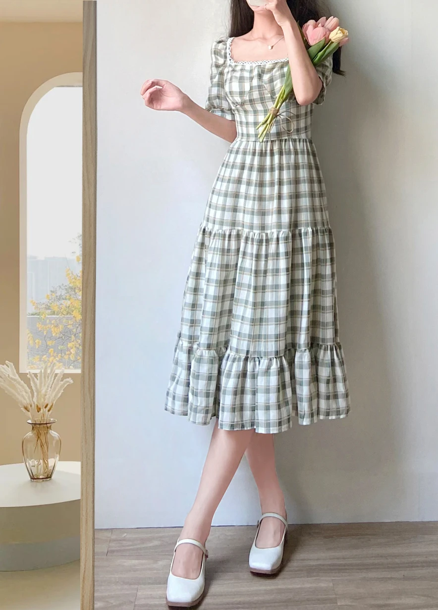 

Green Plaid Print Bodycon Long Dress Women Square Neck Puff Sleeve Sexy Elegant Casual Light Summer Sundresses Beach Party Robe