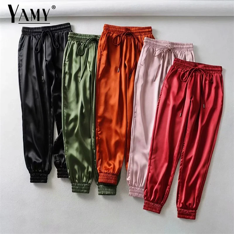Pantalones de cintura alta para mujer, pantalón de chándal verde y rosa de satén, color negro, invierno, 2021