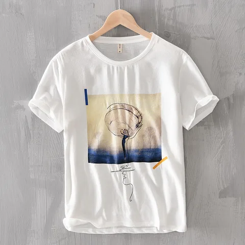 Мужская льняная футболка с коротким рукавом, белая Повседневная футболка с круглым вырезом, лето, 2019