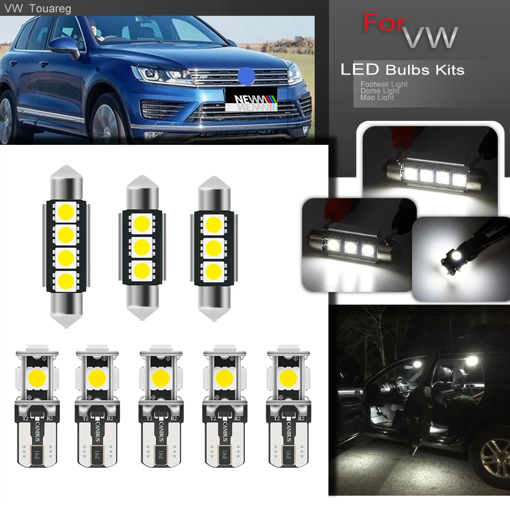 

For VW Touareg II 7P 10-18 Canbus LED Interior Courtesy Lamps Kit Map Footwell Glove Box Cargo Vanity Mirror Light Car Lighting