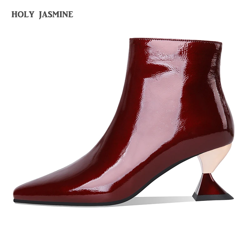 

Plus Size 34-39 Fashion Autumn Winter Patent Leather Boots Women Zip Ankle Botas Women Short Plush Chunky Heels High Heels Shoes