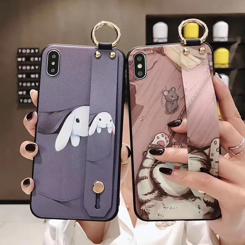 

Wrist Strap Soft TPU Case For iphone 11 12 mini Pro X Xs Max XR 7 8 6 6s plus SE Cases Cat Rabbit Bunny Ring Holder Cover Fundas