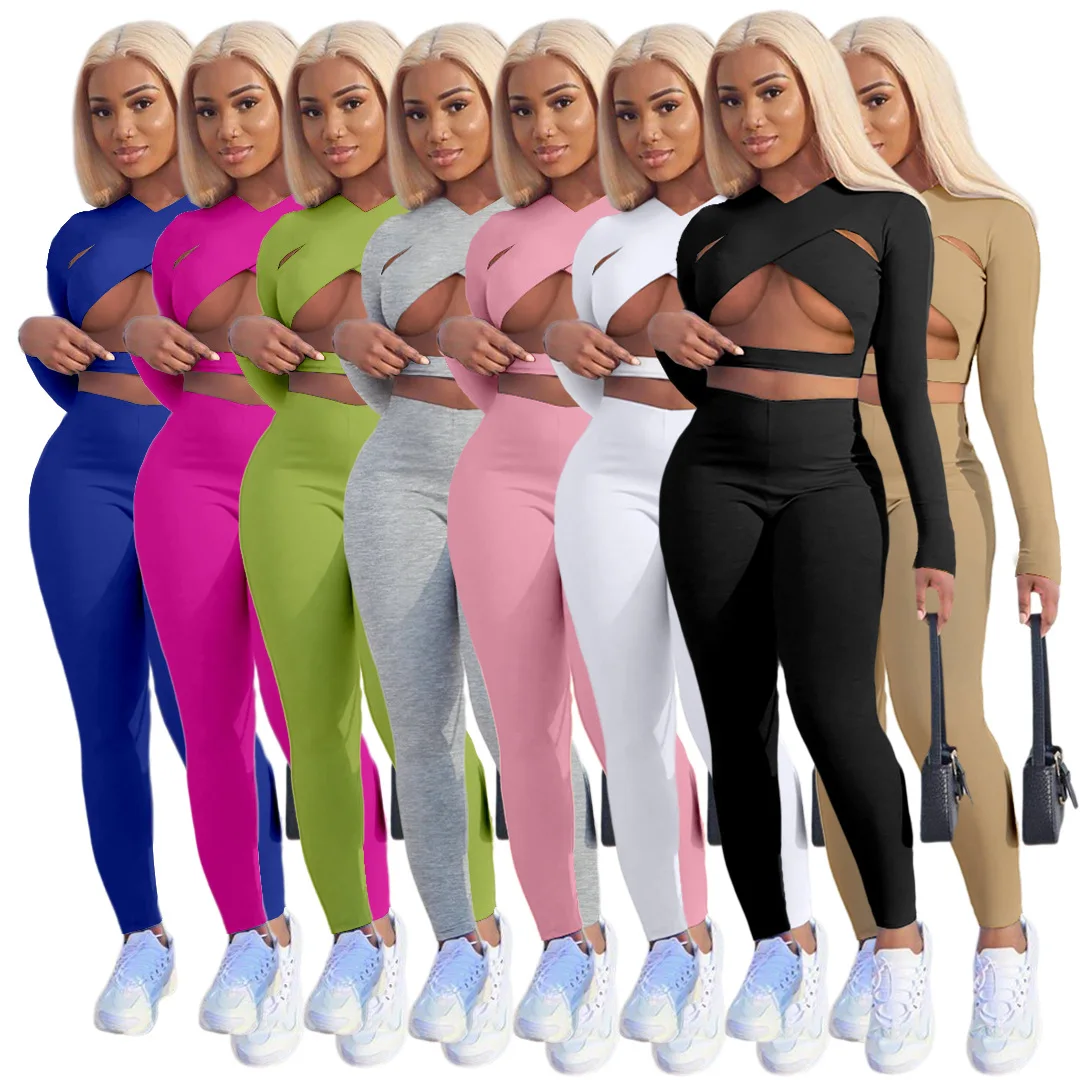 

2021 Autumn New Ladies Solid Color Sexy Nightclub Cross Hollow Sports Two-piece Suit