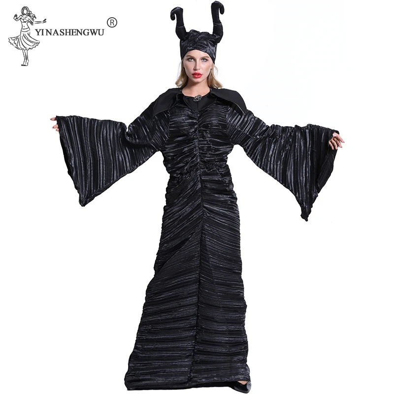 M-xl плюс размер Хэллоуин малифисента для косплея костюмы женщина страшный ужас комплект одежды с рогами Черная Королева одежда ведьмы 5 размер