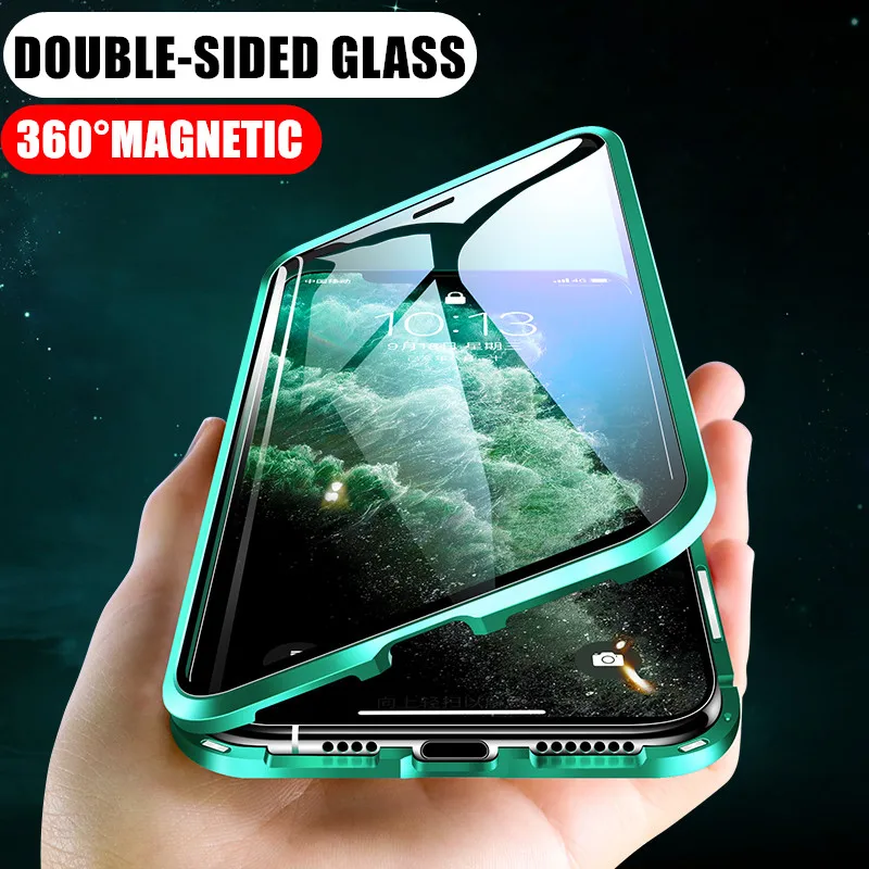 Магнитный металлический чехол 360 для iphone 11 Pro X XR XS MAX двухсторонний из закаленного