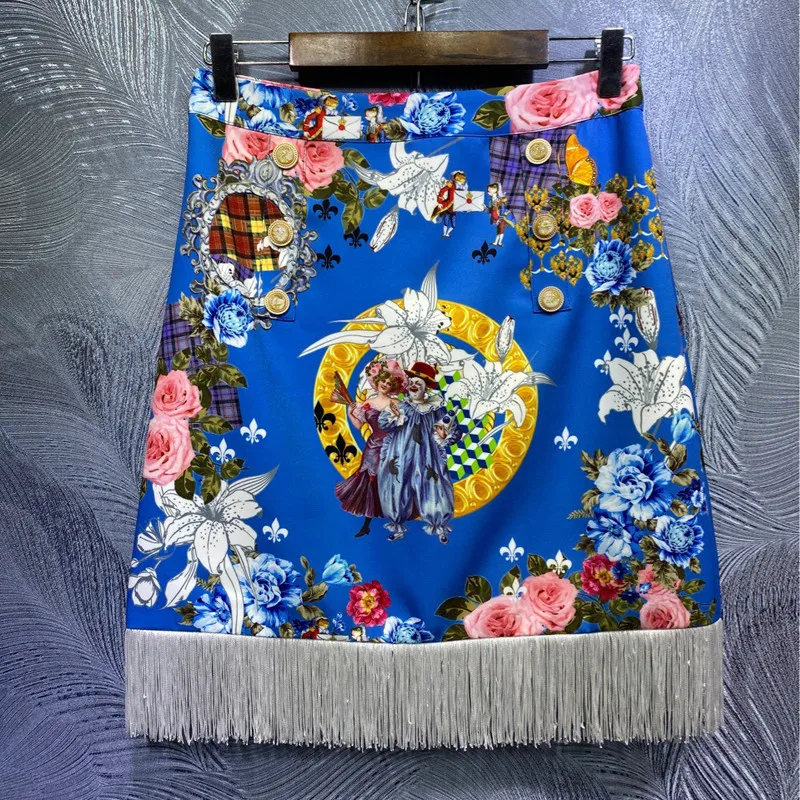 

2021 Spring Runway Set Women Fashion Designers Long Sleeve Flowers Print Blouse and Tassel Skirt Suit Vintage Party Outfits