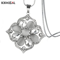 kioozol opal flower micro inlay cubic zirconia pendant silver color long necklace for women vintage jewelry accessories 335 ko2