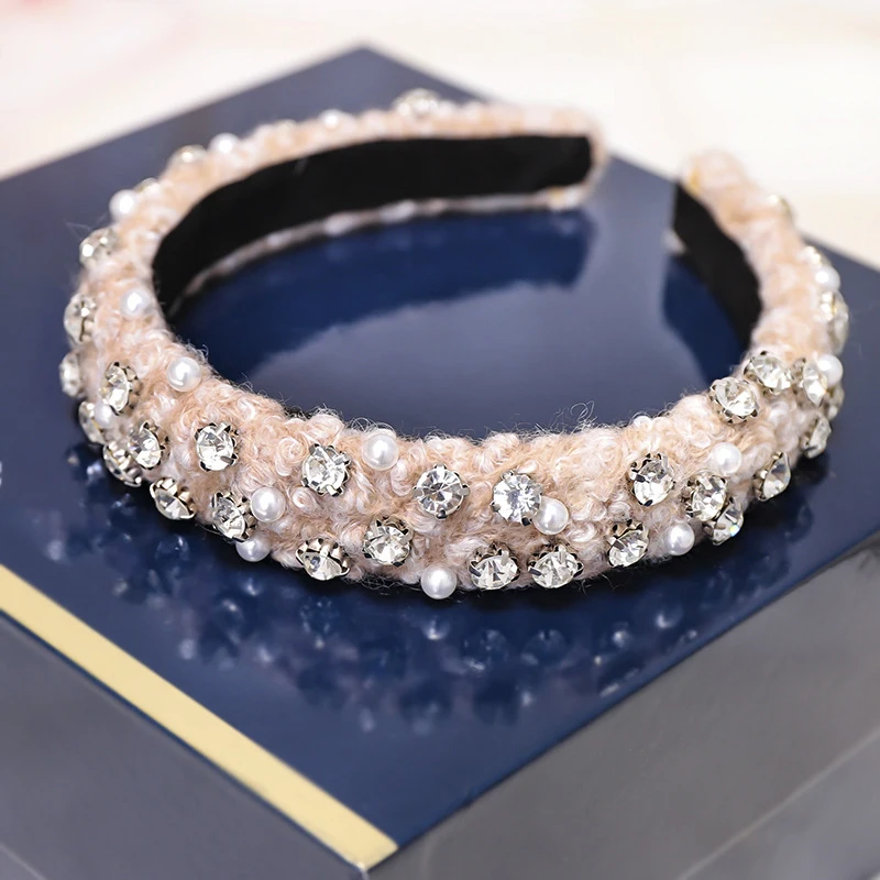 Levao Boutique повязка на голову с жемчугом и стразами для женщин аксессуары для волос модная лента для волос из овечьей шерсти ободок для головы обруч для волос головной убор - Цвет: Розовый