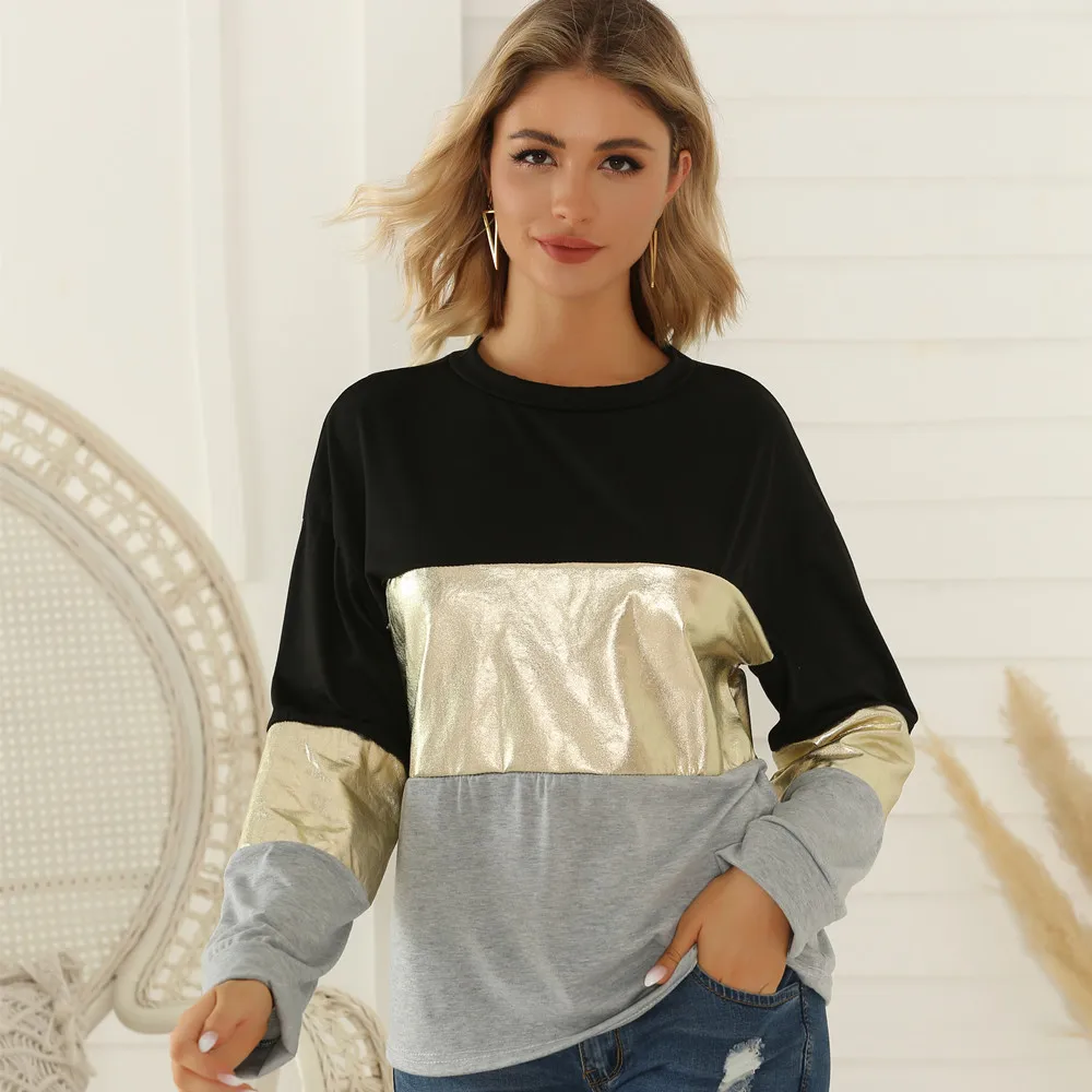 

Women Shirts Patchwork Long Sleeve O-neck Sportwear 2021 Fall Clothes Casual T-shirt Streetwear Top Female Ropa Mujer Harajuku