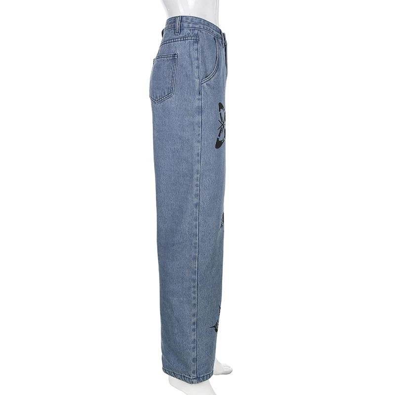 

Women's High-waist Straight-leg Jeans with Butterfly Print Mopping Loose Wide-leg Pants PR Sale