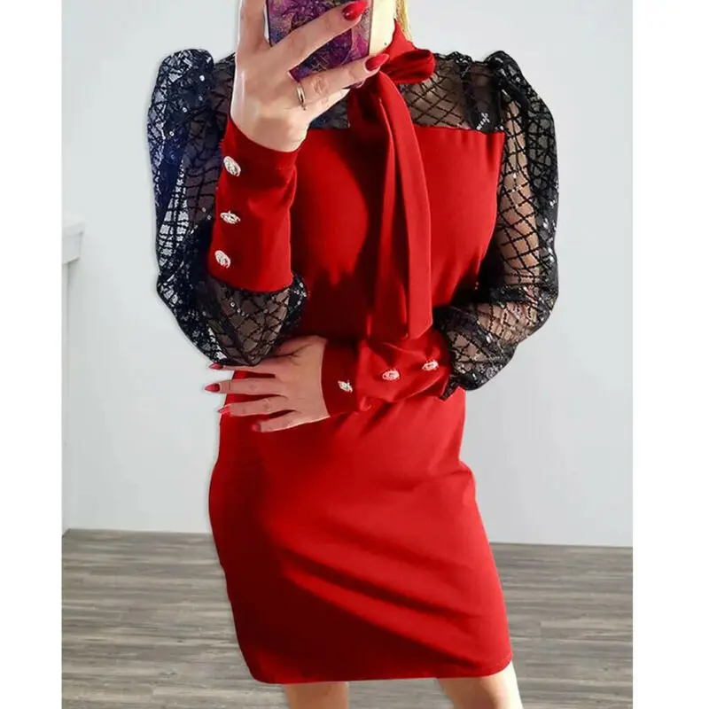 Элегантное платье женское сексуальное Сетчатое с блестками и галстуком-бабочкой