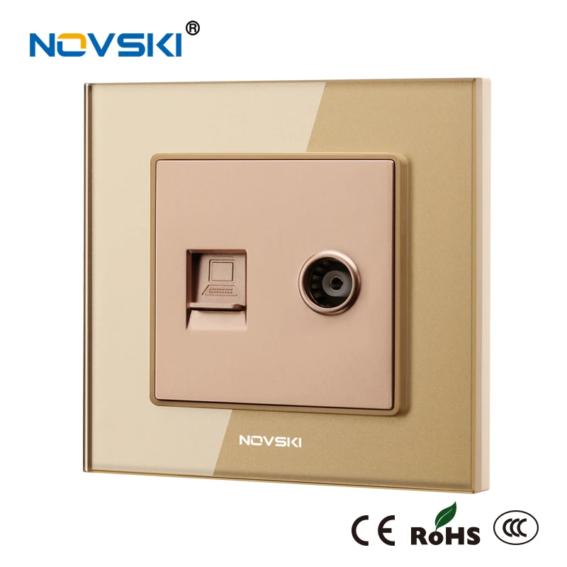 NOVSKI RJ45 Cat6 10 Гбит/с компьютер LAN Ethernet стены данных коаксиальный ТВ Антенна Разъем Кристалл Закаленное стекло панель 86*86 мм