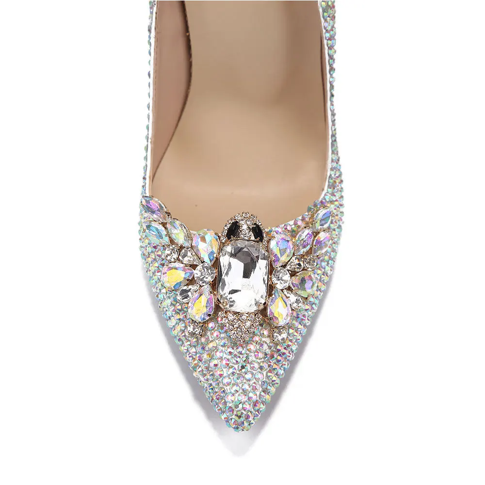 

New Rhinestone Shoes Wholesale Colorful Rhinestone Pointed Metal Folding Clasps High Heels Banquet Bride Bridesmaid Shoes
