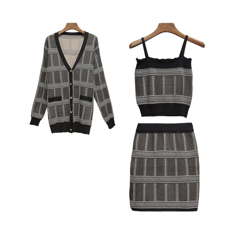 ALPHALMODA/2019 осенний женский топ на бретелях + Длинные кардиганы мини-юбка комплект