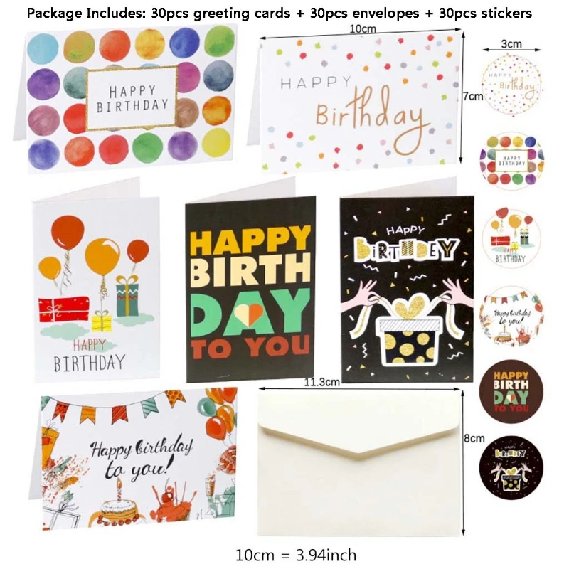 

30 Sets Happy Birthday Greeting Cards Paper Envelopes Seal Sticker Party Decor