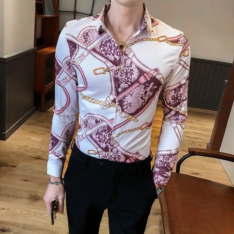 

Long-sleeved shirt men's trend personality printing slim bottoming shirt nightclub boys bar sulky shirt