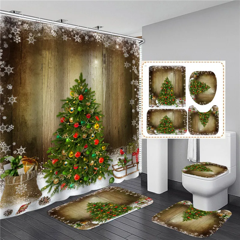 christmas trees printed shower curtains for bathroom bathing screen with anti slip mat carpet toilet partition 3d festival decor free global shipping