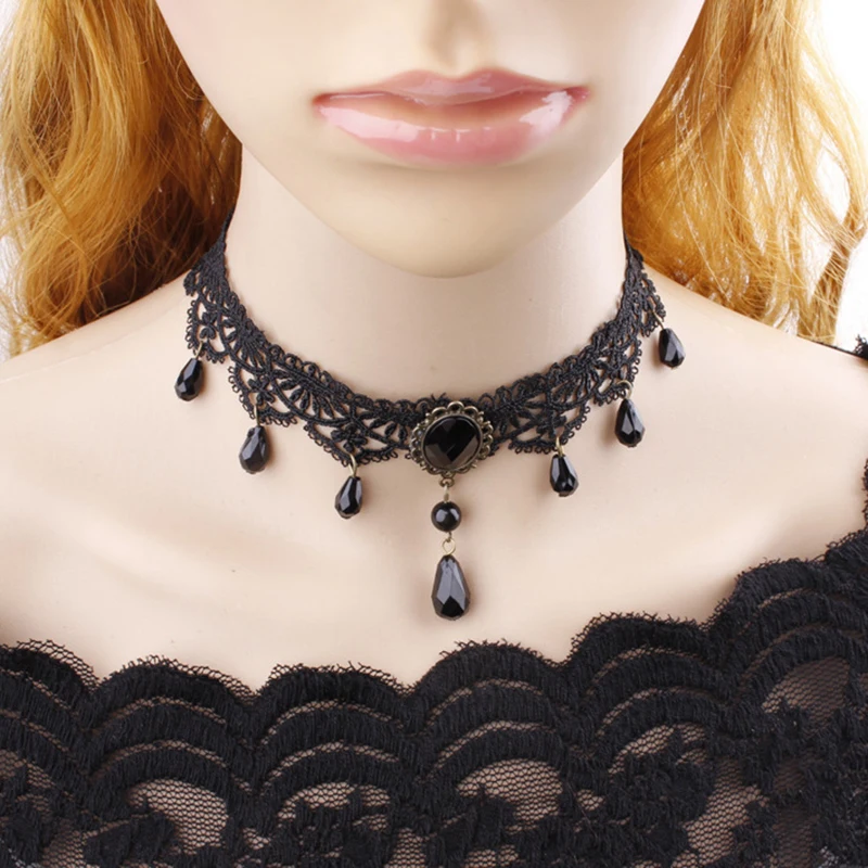 

New Collares Sexy Gothic Chokers Crystal Black Lace Neck Choker Necklace Vintage Victorian Women Chocker Steampunk Jewelry