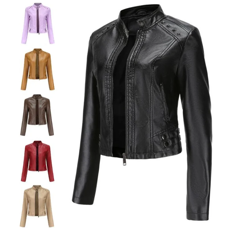 Women's rivet leather jacket short coats spring autumn long-sleeved  thin stand collar fashion new style abrigos mujer invierno