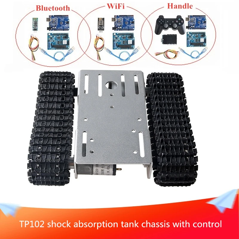 

With Control Kit TP102 Shock Absorption Tank Chassis for Arduino Remote Control Smart Car Aluminum Alloy Panel with 2pcs Motors
