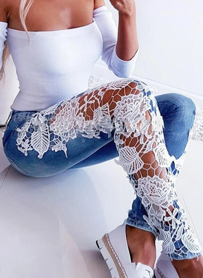 

Fashion Sexy Lace High Waisted Jeans for Women Pencil Pants Full-Length Jeans Woman Street Hipster Women Denim Donsignet