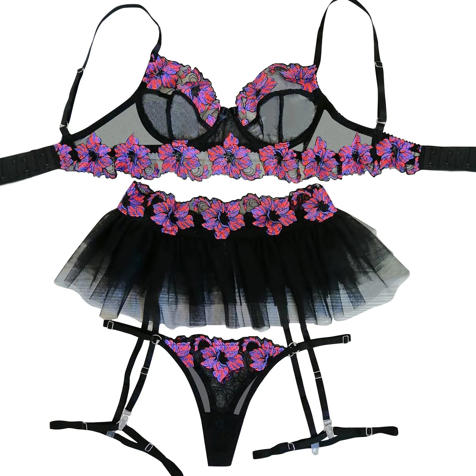 

Sexy Lingerie Set Corset Bra G-String Women's Underwear With Steel Ring Exotic Sets See Through Mesh Floral Embroidery Lenceria