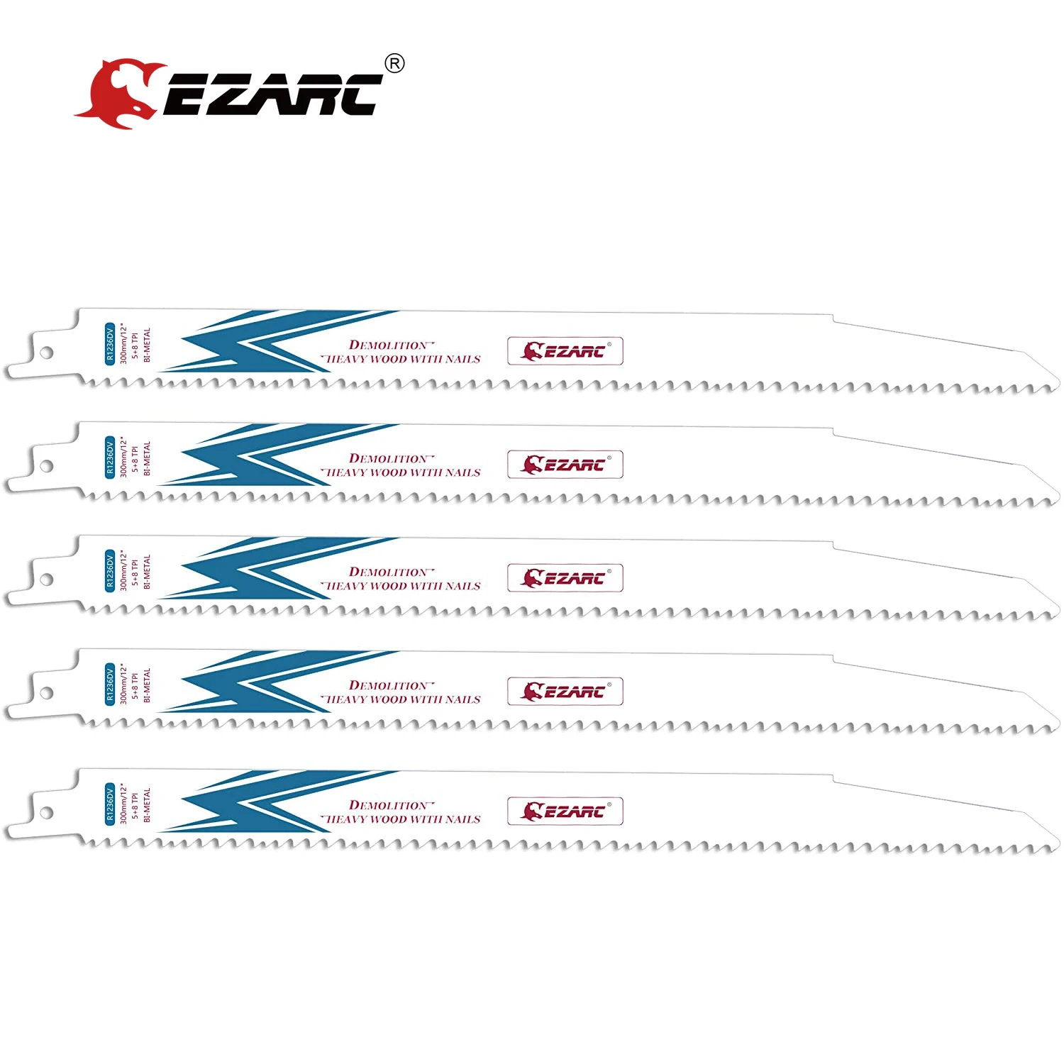 

EZARC 5Pc Reciprocating Saw Blade Bi-Metal Cobalt Sabre Saw Blades for Wood & Metal Demolition 12'' 5+8TPI R636DV/R936DV/R1236DV