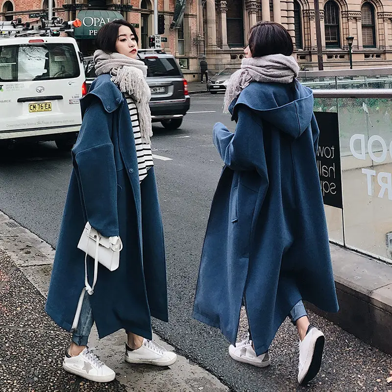 blue Шерстяное пальто Женская длинная куртка Корейская версия Новая Осенняя зимняя ветровка с капюшоном плащ СВОБОДНЫЙ Модный уличная одежда f2250 - Цвет: blue