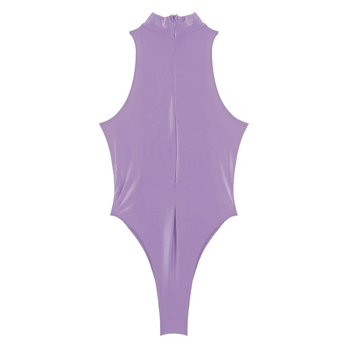 

Erotic Womens Smooth Silky Leotard Nightwear Mock Neck Sleeveless High Cut Bodysuit Club Fashion Color Block Zipper Back Catsuit
