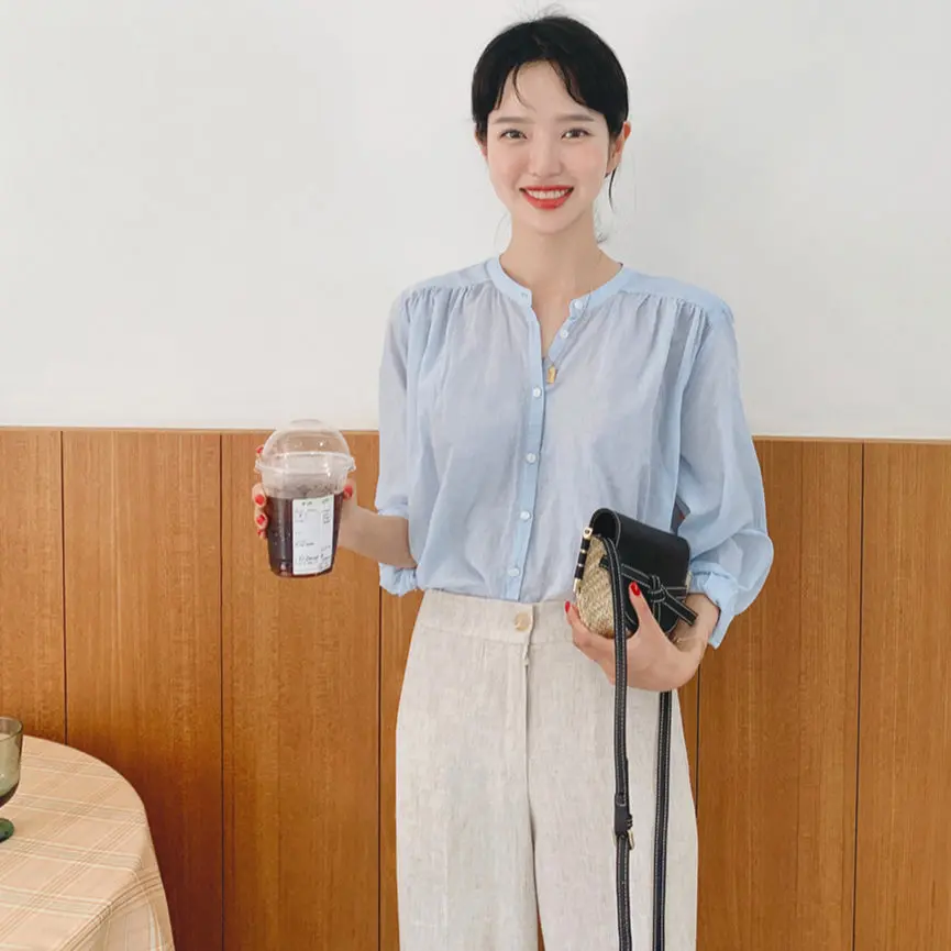 Однотонная синяя рубашка весенние женские повседневные топы льняные хлопковые