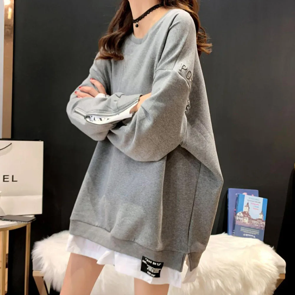 

Модный женский пуловер с длинным рукавом, толстовка, однотонные осенние женские топы средней длины с ложным воротником, круглым вырезом и м...