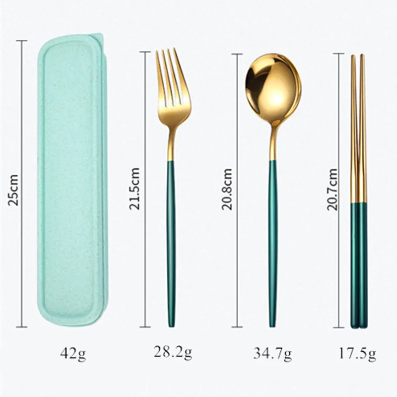 

2/3pcs Stainless Steel Portable Tableware Set Golden Mirror Fork Spoon Chopsticks Suit Lunch Box Cutlery Home Kitchen Dishes
