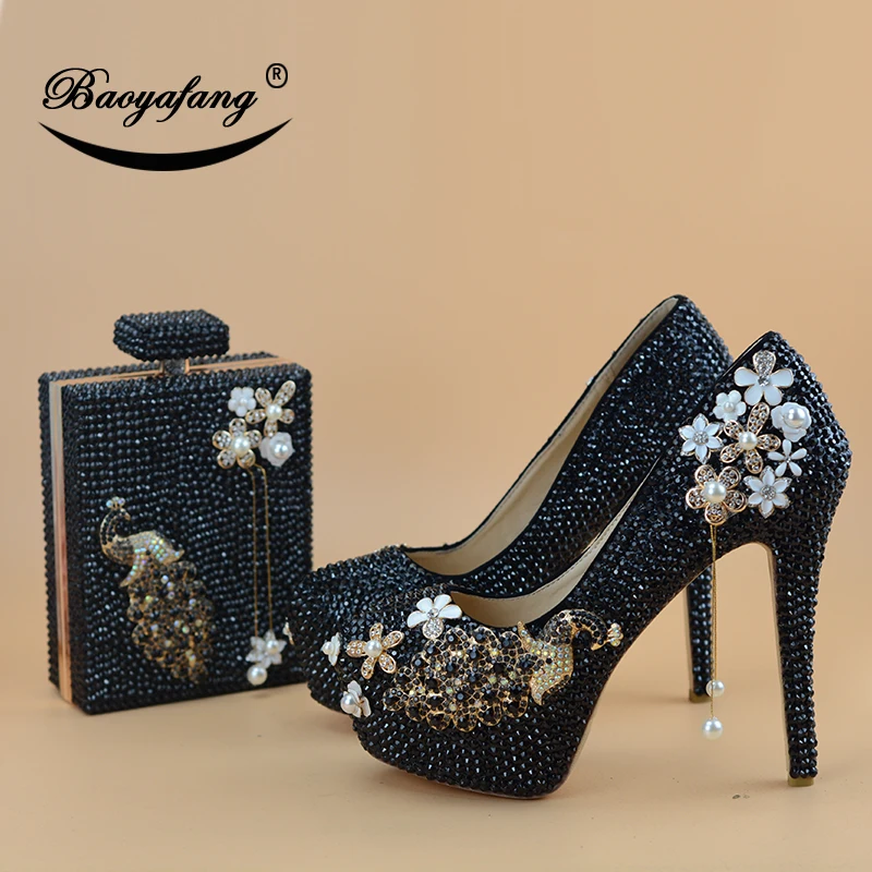 

BaoYaFang Black crystal Peacock Round Toe Bridal Wedding shoes woman Thin High heel platform shoes Ladies Party Dress Pumps