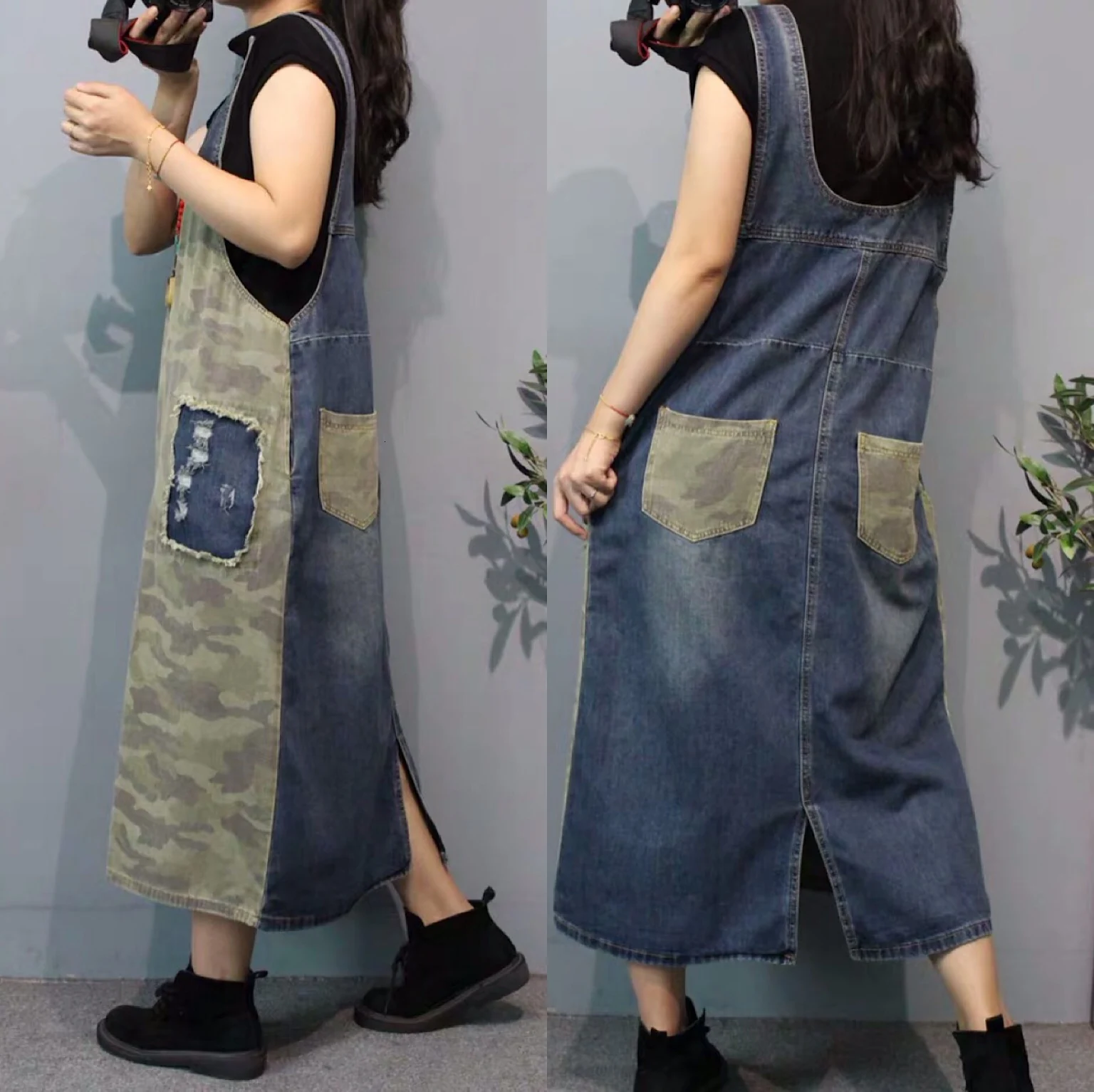 Камуфляжное лоскутное джинсовое платье женское свободное на лямках Ковбойское