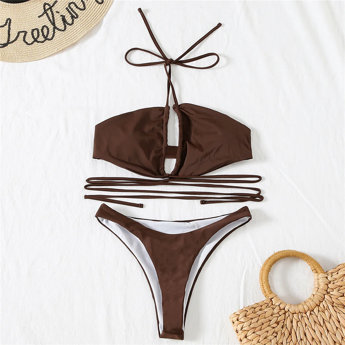

2021 Sexy Halter Lace Up Wrap Around Bikini Female Swimsuit Women Swimwear Two-pieces Bikini set Bather Bathing Suit Beach Wear