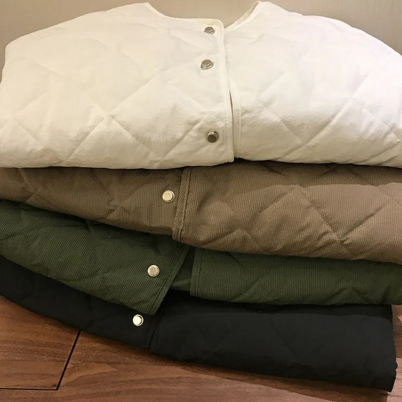 2021 Winter Short Parkas Women Fashion Argyle Long Sleeves Casual Coats Women Elegant Zipper Cotton Jackets Female Ladies