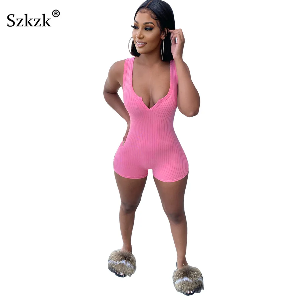 

Szkzk Bodycon Ribbed Playsuit V Neck Sleeveless Sexy Rompers Playsuits For Women Night Club Tight Playsuit Summer Clubwear 2021