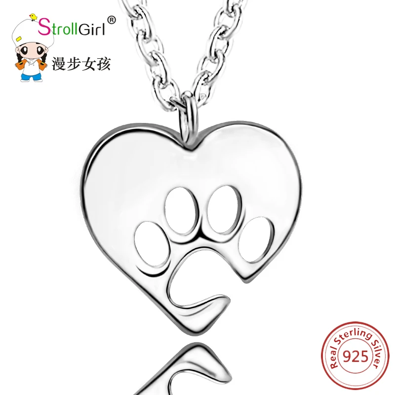 Strollgirl 100% 925 стерлингового серебра собачья лапа и сердце ожерелья симпатичное