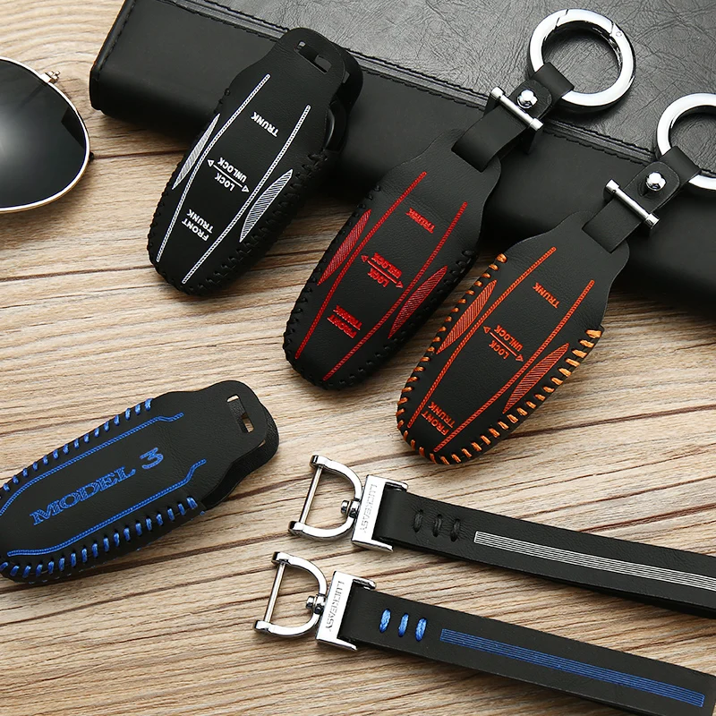 

Leather Remote Car Key Case Cover For Tesla Model 3 Key Cover Key Bag Wallet Holder