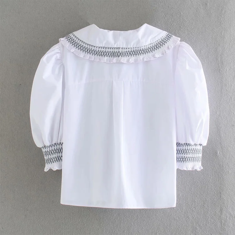 

Summer women's casual solid color lapel puff sleeve ruffled decorative shirt
