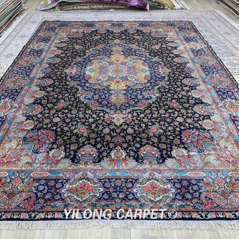 Koop YILONG 10'x14' Handgemaakte Turkije Grote Zijden Kleed Blauw Medaillon Luxe Exquisite Tapijt (ZSH007A)