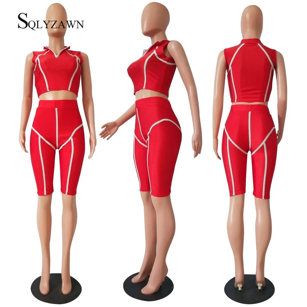 

Casual Stripe Patchwork Women Two Piece Set Active Wear Tracksuit Zipper Turn Down Collar Crop Top + Shorts Matching Set Sporty