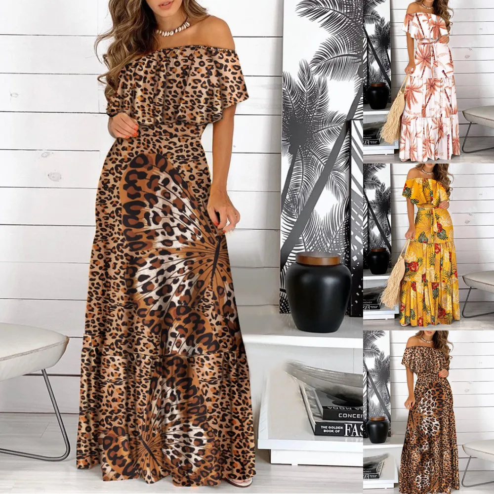 

New Off Shoulder Party Dresses Women Lady Ruffle Leopard Print Flare Noble Long Sundress Sexy Ladies Strappy Slash Neck Stretch