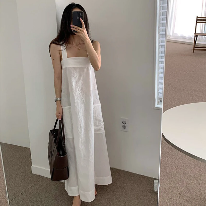 

Женское Повседневное платье без рукавов, белое минималистичное однотонное платье средней длины с квадратным вырезом, модная новинка 2021, ст...