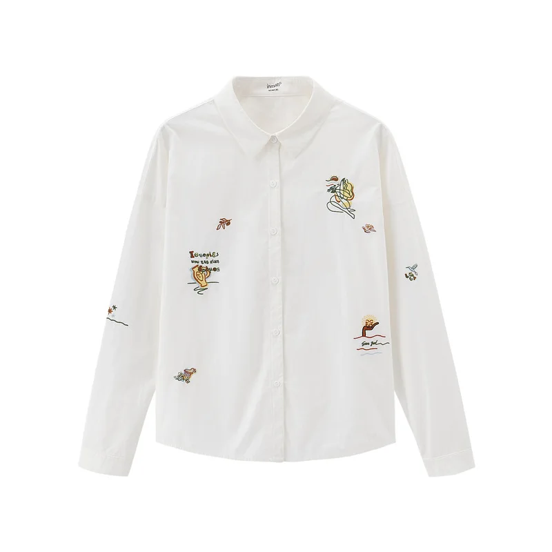 

Cotton shirt with versatile embroidery fashion long sleeve shirt Lapel top