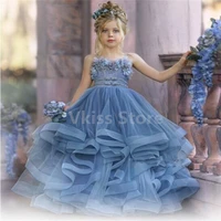 blue vintage girls dresses ground folds costume prom girls children flower princess petal dress party wedding clothes 2022 new